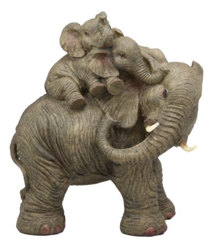 Wildlife Elephant Father And 2 Calves On Piggyback Playing Statue 10.5" Tall