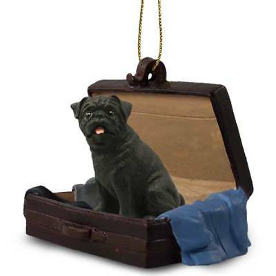 Pug Dog In Suit Case Holiday Ornament Resin Hand Painted Figurine Black Puppy