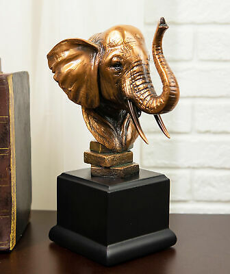 Safari Auspicious African Elephant With Trunk Raised Bronzed Statue With Base